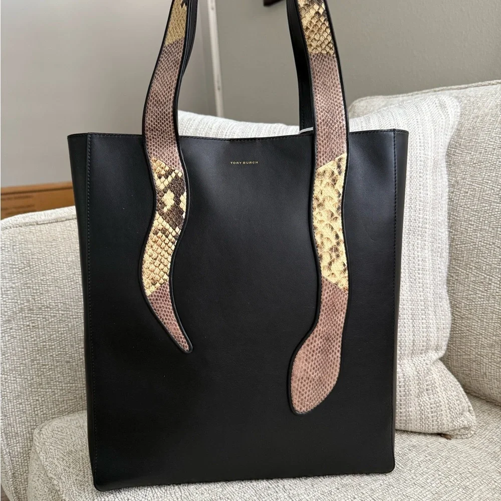 Tory Burch Black and Snake Print Tote